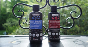 Harctic Superfoods Immunity Boost Elixir and Energy Boost Elixir on a window shelf blog post