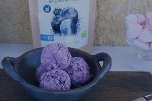 Harctic Superfoods three scoops of blueberry blackcurrant ice cream on a plate