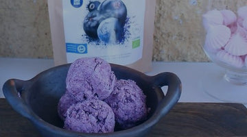 Harctic Superfoods three scoops of blueberry blackcurrant ice cream on a plate